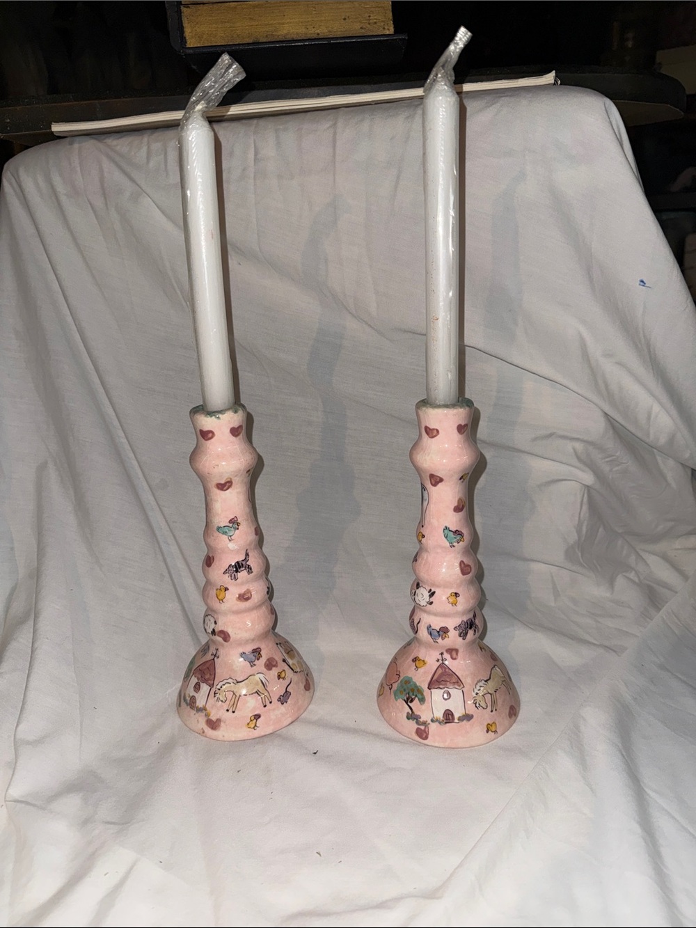 Hand-Painted Pink Ceramic Candlestick Pair with Whimsical Farm Motifs